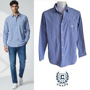 CHAPS Easy Care Blue and Whie Checked Pattern Long Sleeve Button Down Shirt XL